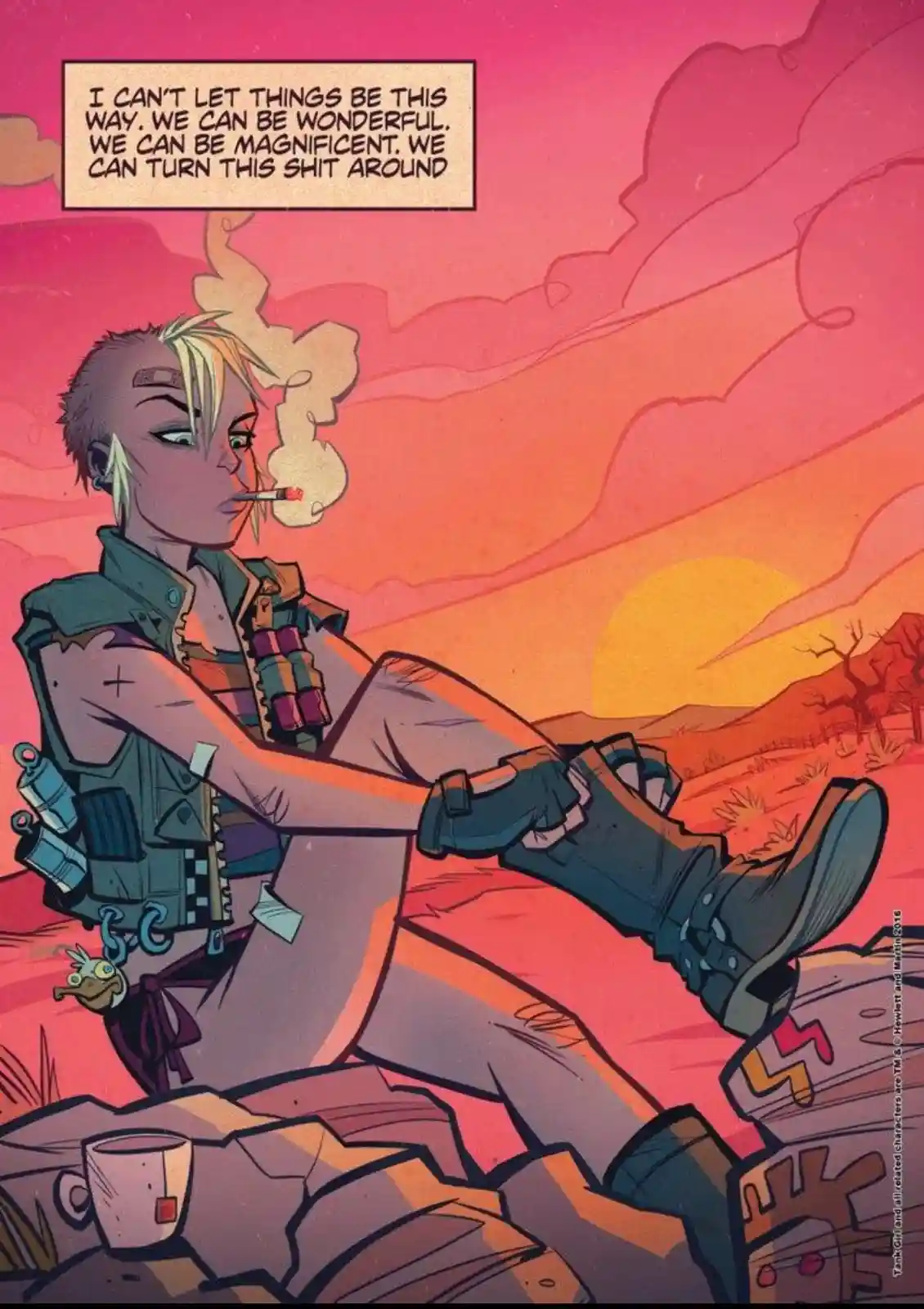 A comic panel shows a person with short blonde hair and a bandage on their forehead, sitting casually on a rock in a desert…