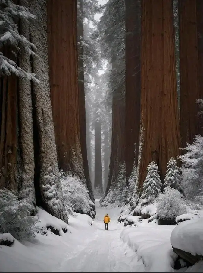 A lone person in a bright yellow jacket walks down a snow-covered path flanked by massive, towering redwood trees covered in…