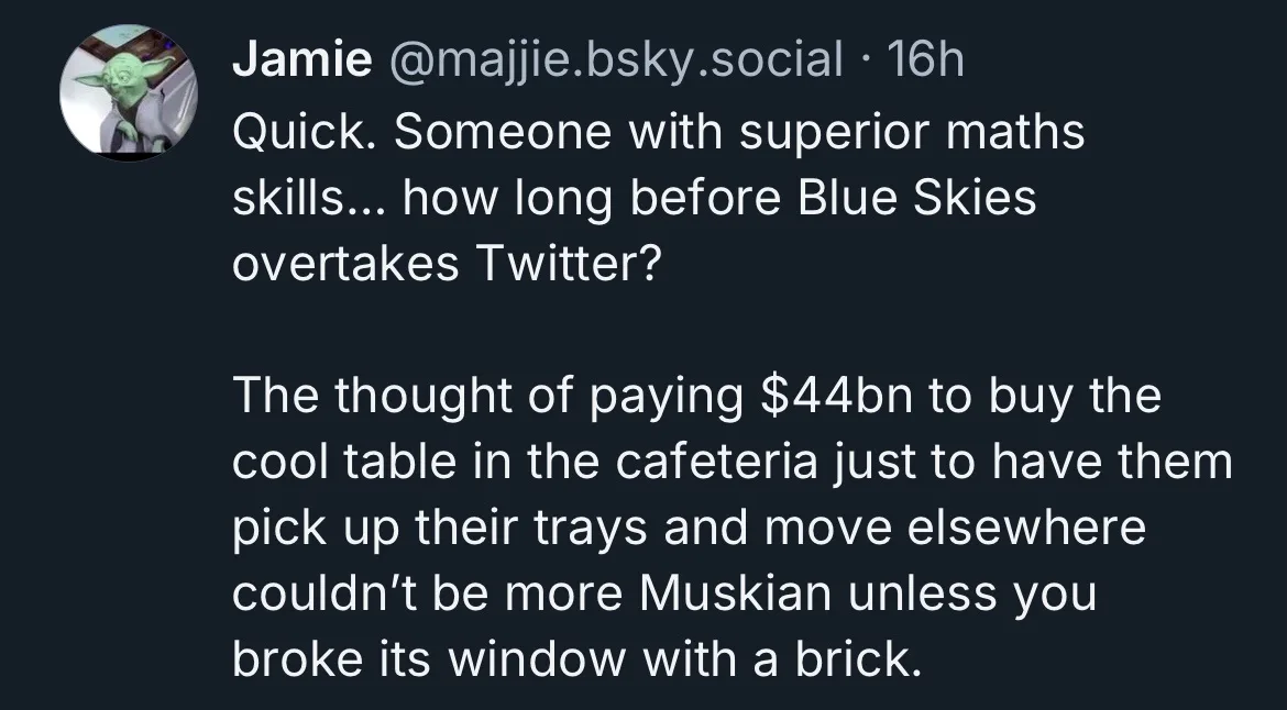 A screenshot of a social media post by 'Jamie' with a Yoda profile picture, asking for a math calculation about when 'Blue…