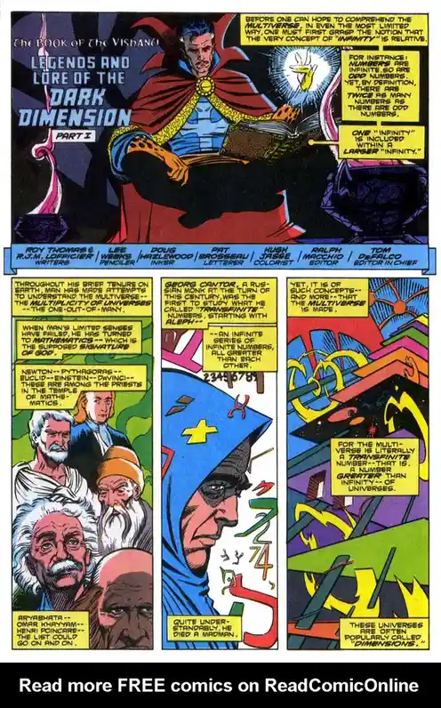 A comic book page from 'The Book of the Vishanti: Legends and Lore of the Dark Dimension Part I' shows Doctor Strange…