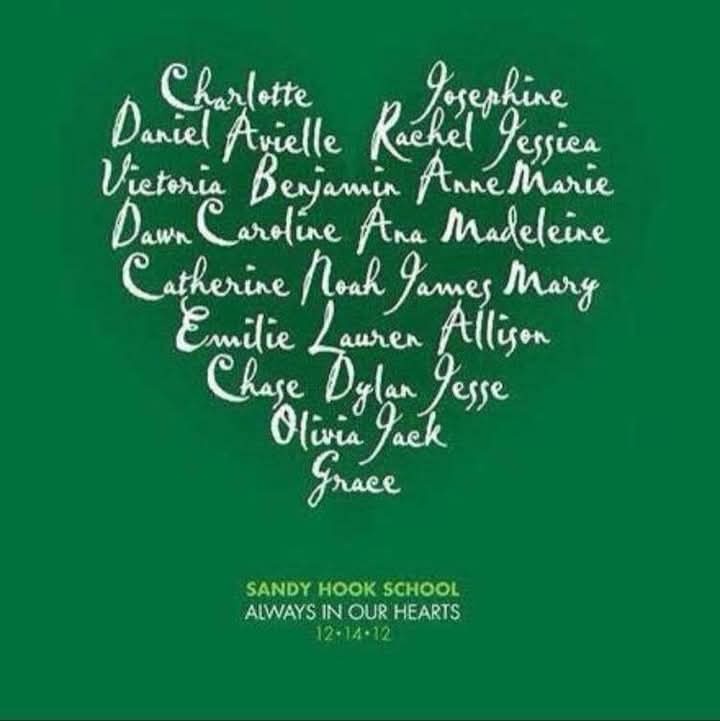 A green background displays a heart shape formed by white cursive names of victims, including Charlotte, Daniel, Josephine…