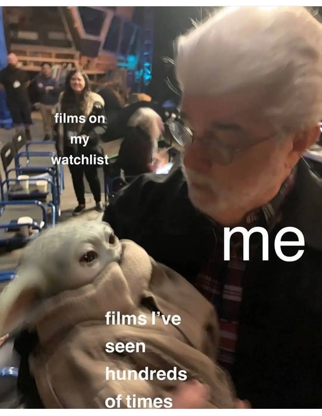 An older man with white hair and glasses, labeled 'me', holds a small, grey, furry creature resembling Grogu (Baby Yoda)…