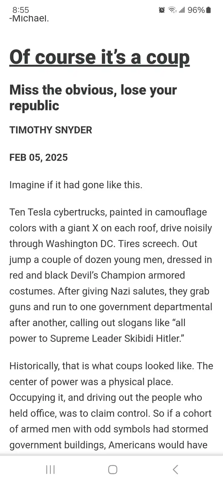 A screenshot of a mobile phone displaying a text article by Timothy Snyder titled 'Of course it's a coup' dated February 5…