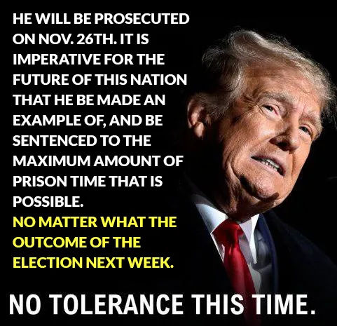 A close-up photo of Donald Trump with a serious expression, overlaid with bold white and yellow text declaring he will be…
