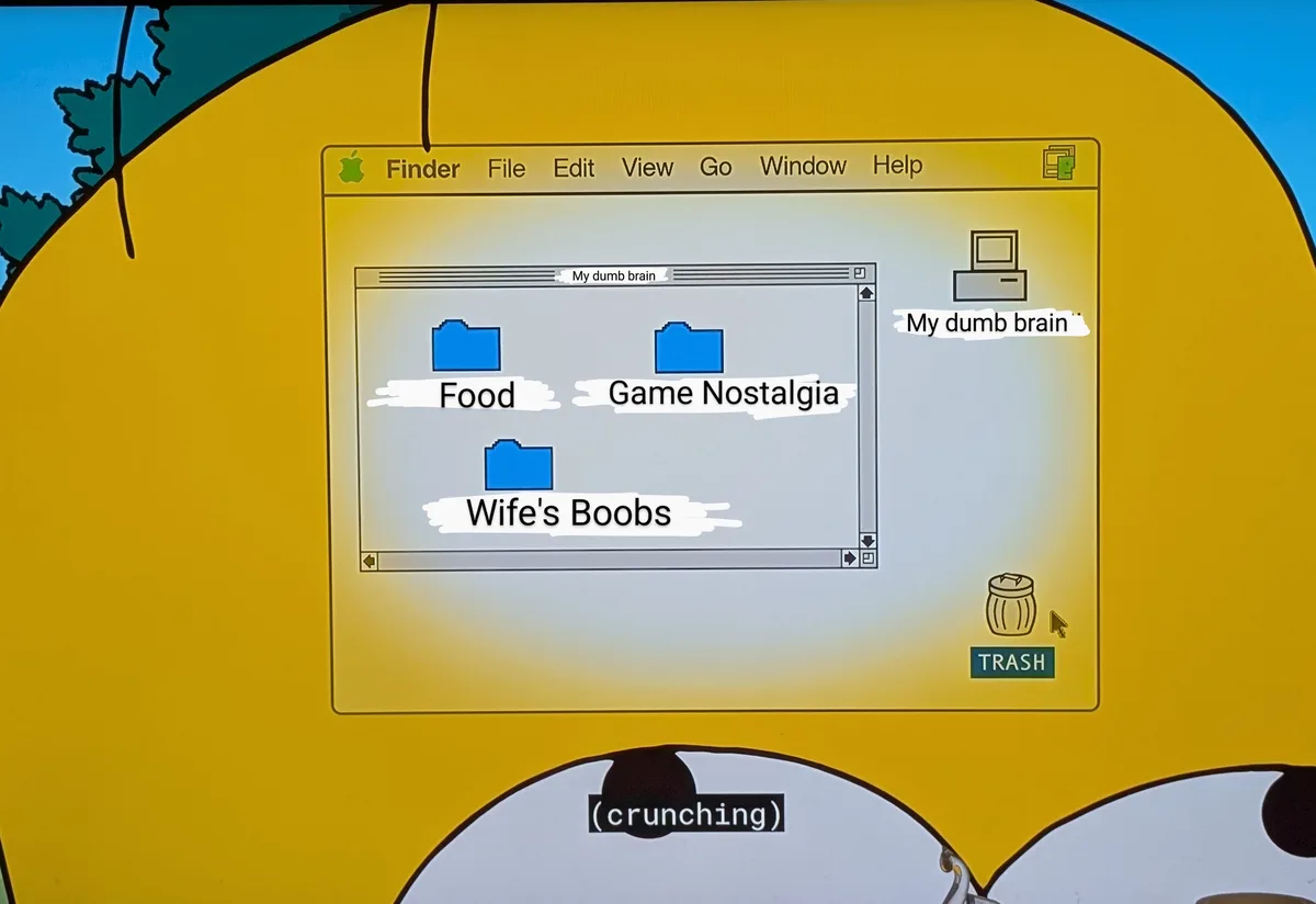 The image shows a cartoon character with a computer screen on their head displaying an old macOS Finder window. Inside the…