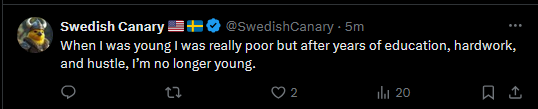 A tweet from the Twitter account 'Swedish Canary' with a profile picture of a yellow bird wearing a Viking helmet. The tweet…