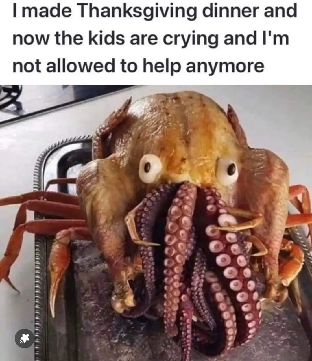 A roasted turkey has been digitally edited to have an octopus's tentacles and suction cups emerging from its mouth, with…