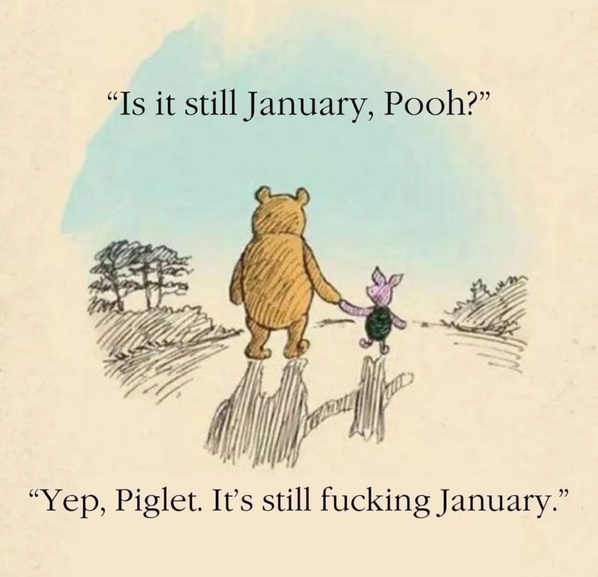 A classic Winnie the Pooh illustration shows Pooh and Piglet walking away from the viewer on a path, holding hands. The…