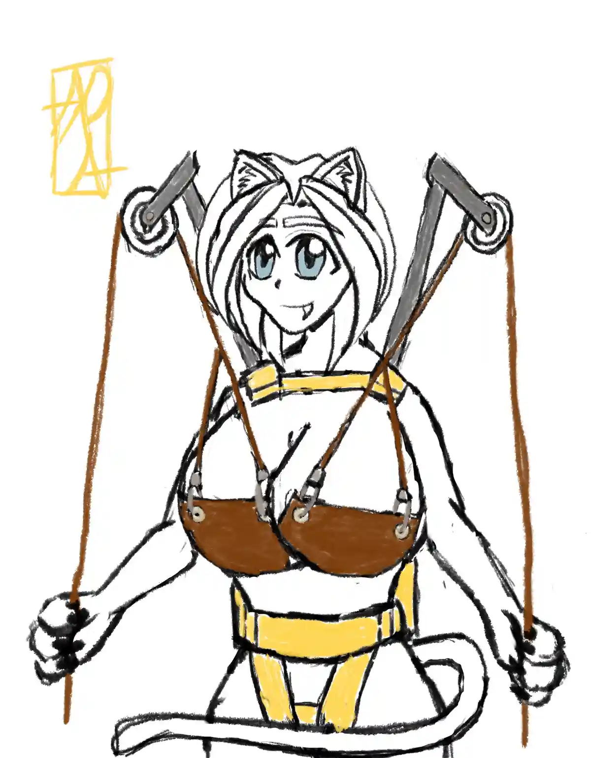 A hand-drawn anime-style girl with cat ears and a tail wears a yellow and brown harness connected to two mechanical arms…