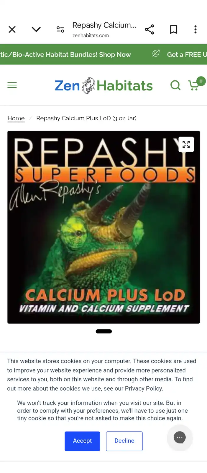 The image displays a product label for 'Repashy Superfoods Calcium Plus LoD Vitamin and Calcium Supplement' featuring a…