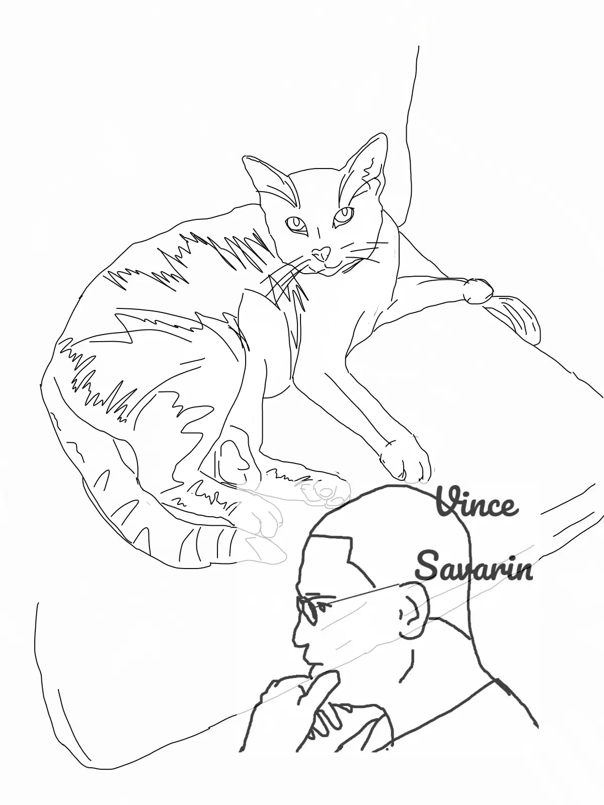 A black-and-white line drawing shows a cat sitting on a person's shoulder, looking down at them. The person, drawn in…