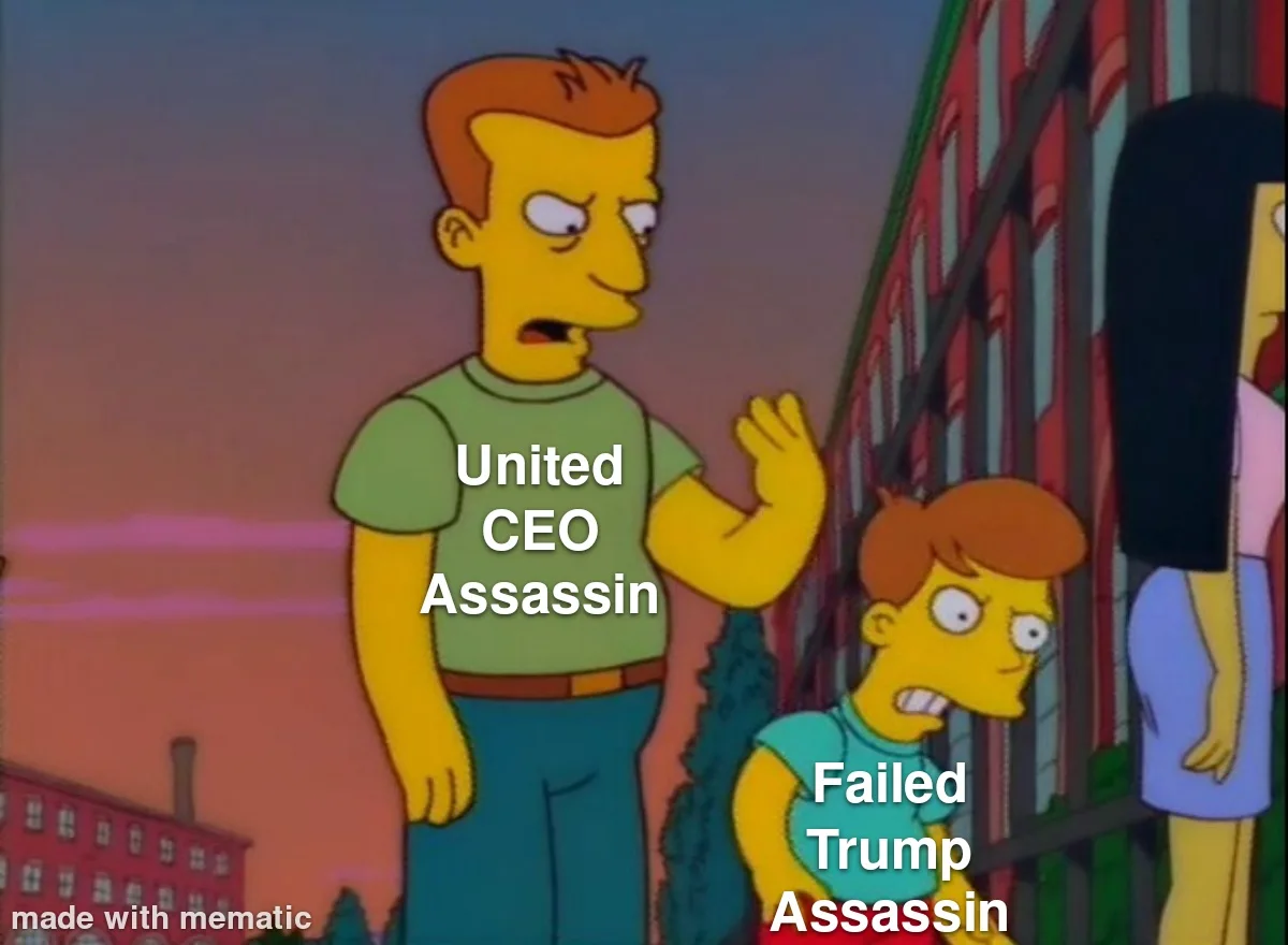 A still from The Simpsons shows a tall man in a green shirt labeled 'United CEO Assassin' gesturing dismissively at a…