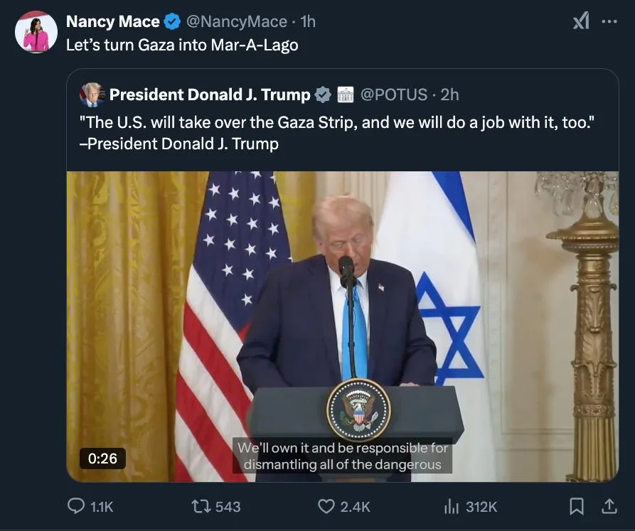 A screenshot of a tweet from Nancy Mace replying to a tweet from Donald Trump. Trump's tweet includes a video clip of him…