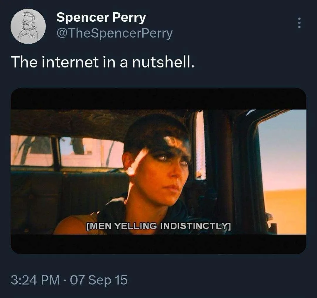 A screenshot of a tweet by Spencer Perry showing a still from a movie where a woman with short hair and heavy eye makeup…