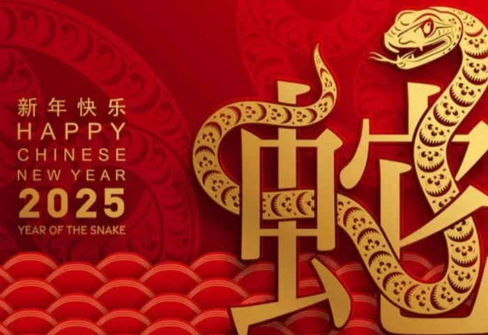 A festive red and gold Chinese New Year greeting card for 2025, featuring a stylized golden snake coiled around a large…