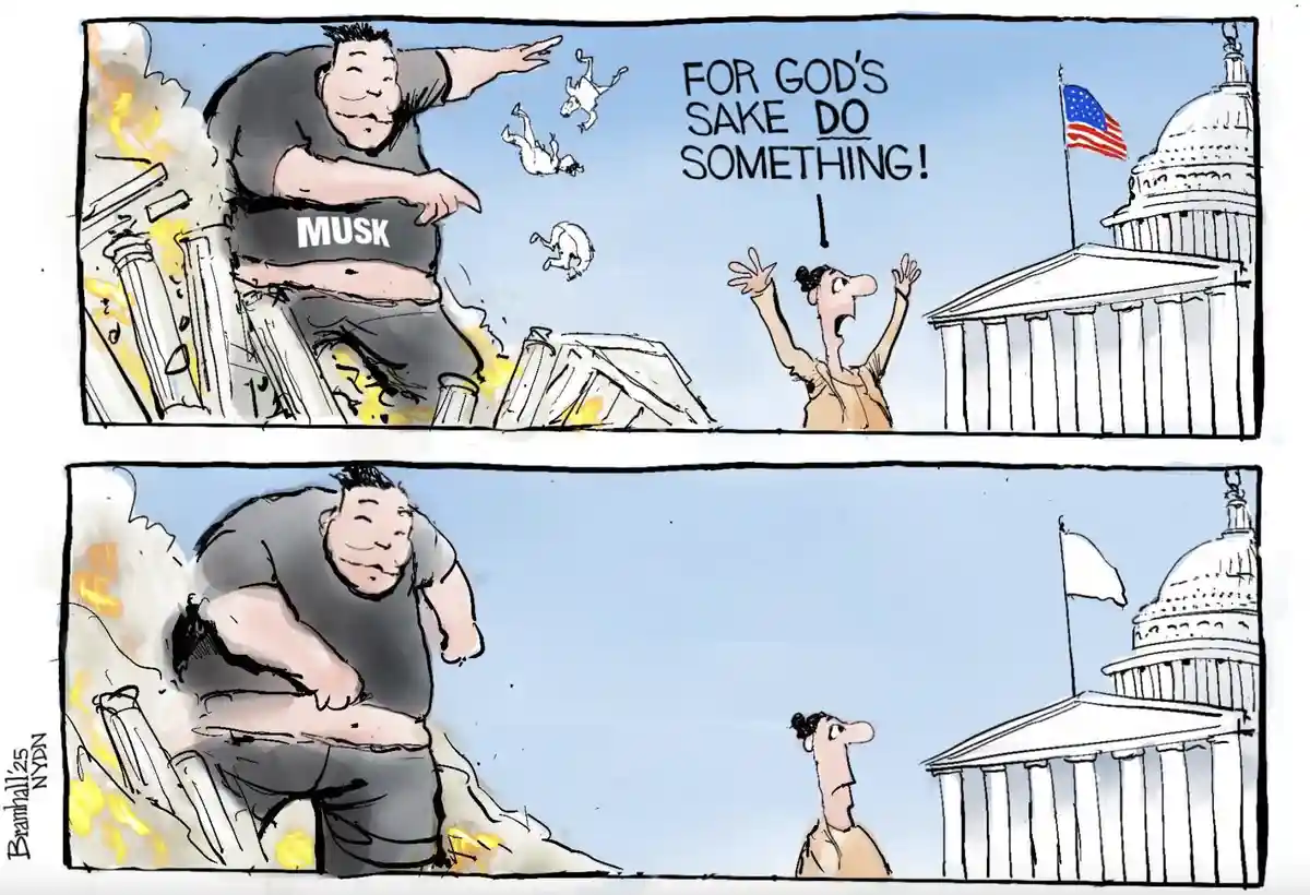 A two-panel cartoon shows a large man labeled 'MUSK' sitting atop a burning building, pointing at falling figures while a…