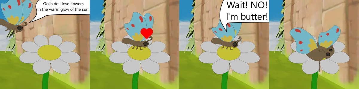 A four-panel cartoon shows a blue-winged insect approaching a daisy, falling in love with it, then realizing it's actually a…