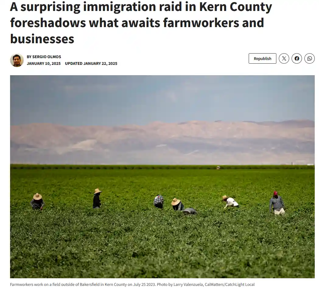 A news article screenshot shows a photo of several farmworkers bent over in a vast green field with mountains in the…