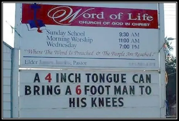 A church sign for 'Word of Life Church of God in Christ' lists services like Sunday School and Morning Worship. Below, a…