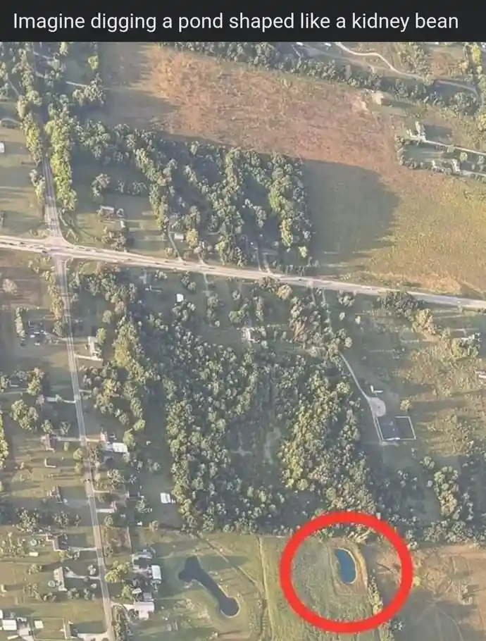 An aerial view of a rural landscape with fields, trees, and roads, featuring a small pond in the lower right corner circled…
