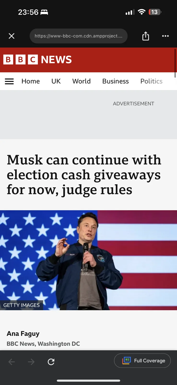 A screenshot of a BBC News mobile article shows a headline about Elon Musk being allowed to continue election cash…