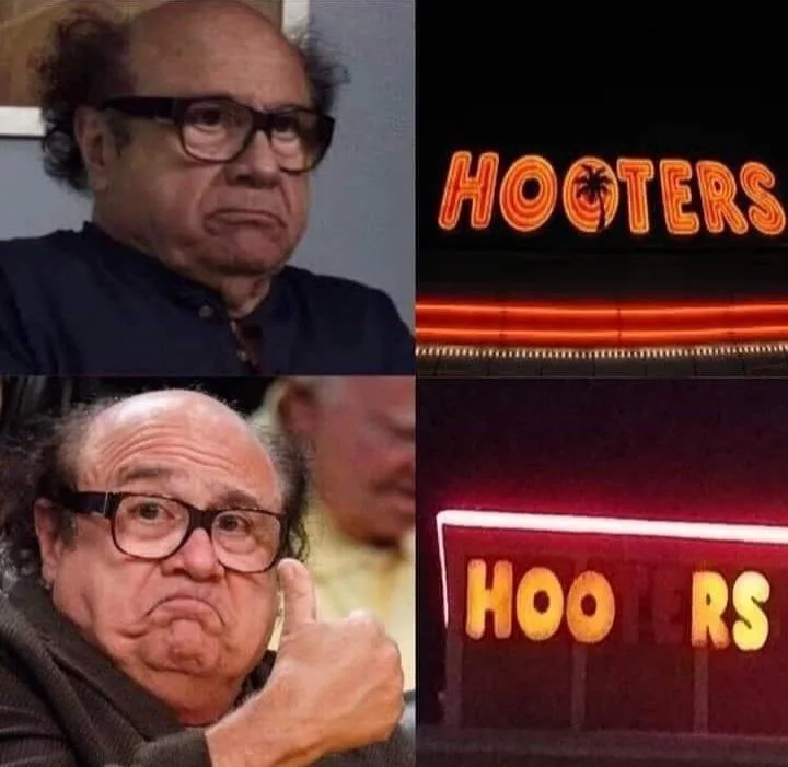 A four-panel meme juxtaposes actor Danny DeVito's skeptical and then approving facial expressions with two images of the…