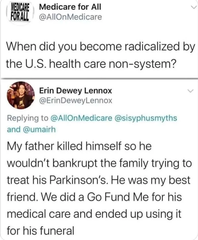 A screenshot of a Twitter thread shows a tweet from 'Medicare for All' asking when people became radicalized by the U.S…