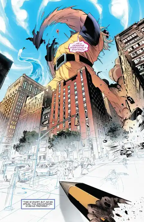 A comic book panel shows a giant, muscular, orange-skinned character with a black mask and belt, smashing through a…