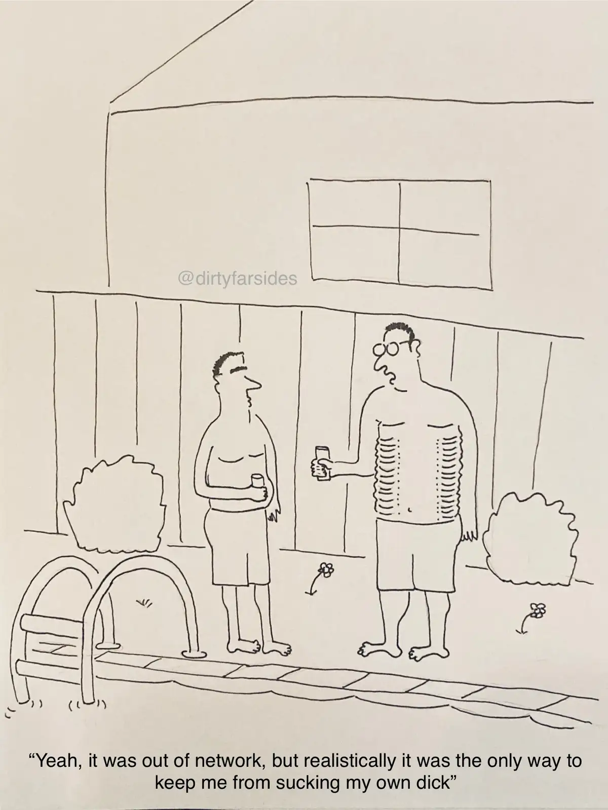 A black-and-white line drawing shows two shirtless men standing on a patio outside a house, each holding a drink. The man on…