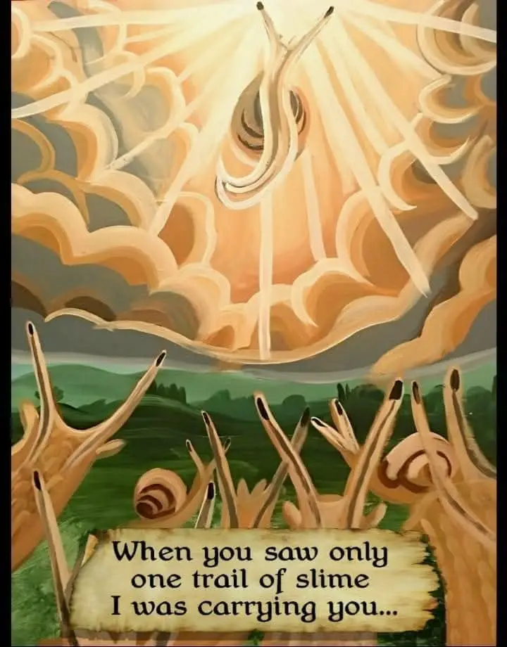 A painting depicts a divine, glowing, spiral-shaped entity descending from a radiant sky above a green landscape. Below…