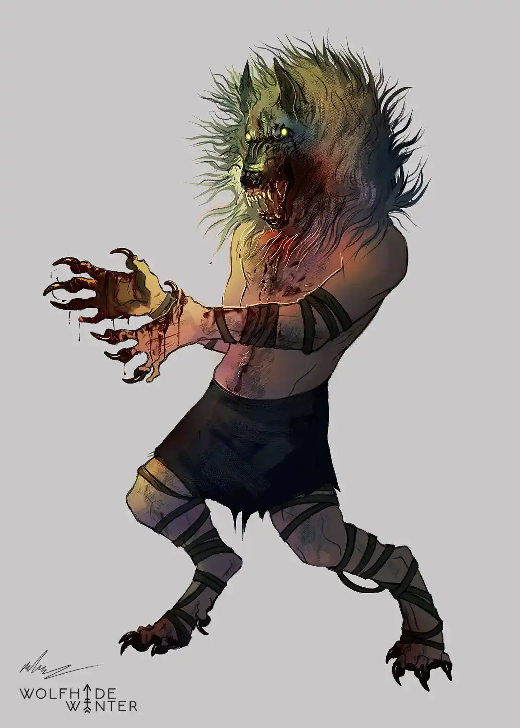 A digitally illustrated, muscular humanoid creature with a wolf's head, glowing eyes, and blood-stained claws, wearing a…