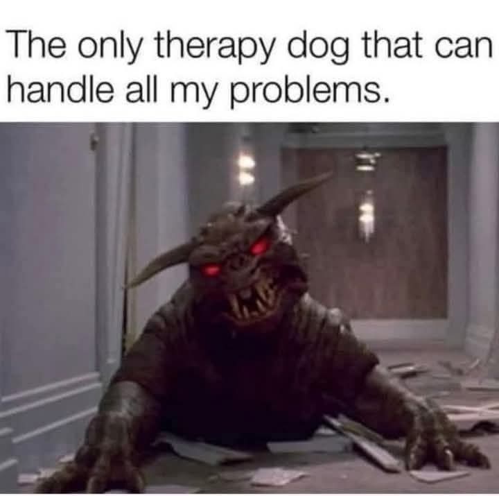 A menacing, horned, demonic creature with glowing red eyes and sharp teeth crawls on a broken floor, overlaid with the text…
