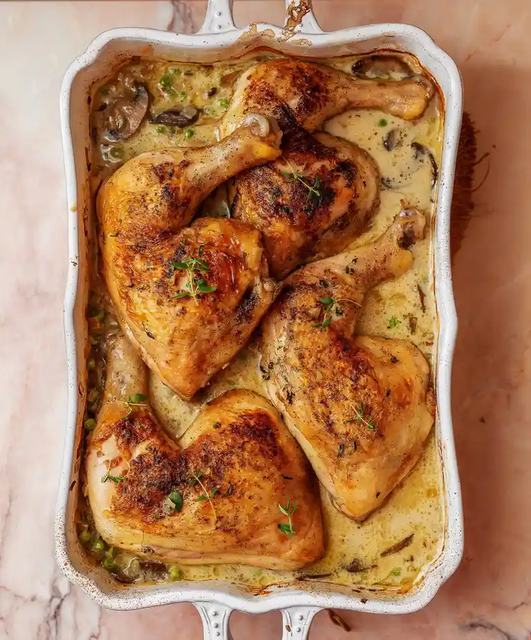 An overhead shot of a white ceramic baking dish containing six golden-brown roasted chicken pieces in a creamy sauce with…