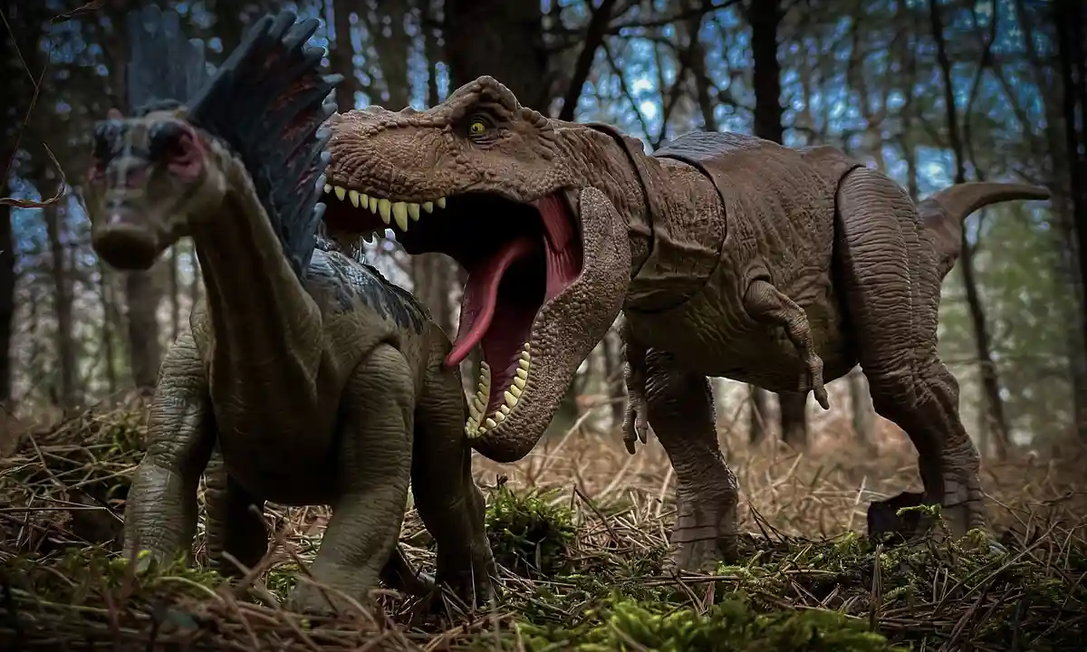 Two plastic dinosaur toys, a Tyrannosaurus Rex and a smaller dinosaur with a sail, are posed in a forest setting. The T-Rex…