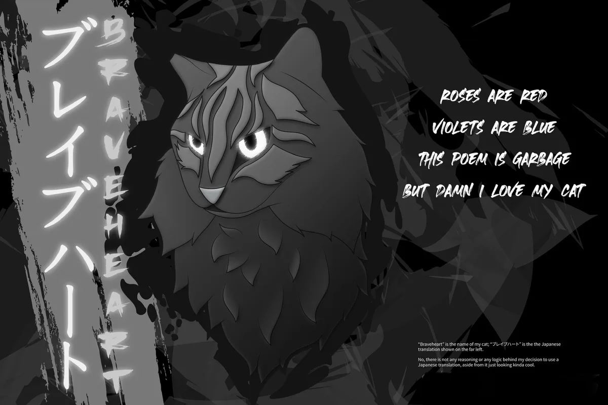 A black-and-white anime-style illustration of a cat with glowing eyes and a stern expression, set against a dark, textured…