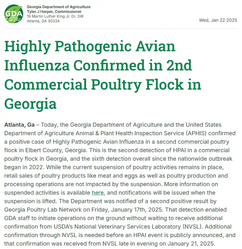A screenshot of a Georgia Department of Agriculture press release dated January 22, 2025, announcing the confirmation of…