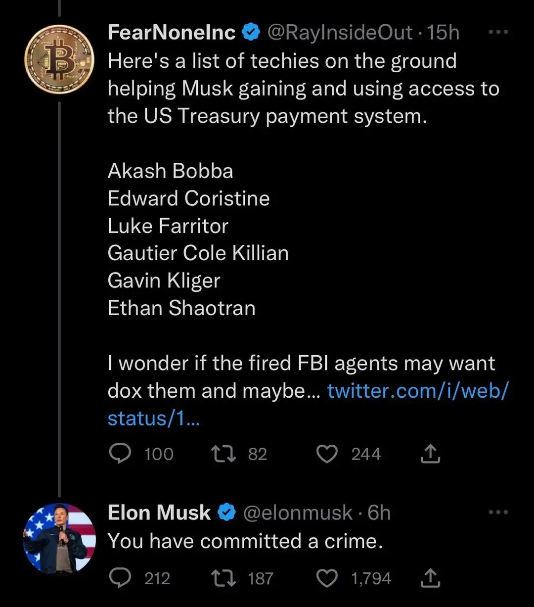 A screenshot of a Twitter thread shows a user named FearNoneInc listing names of techies allegedly helping Musk gain access…