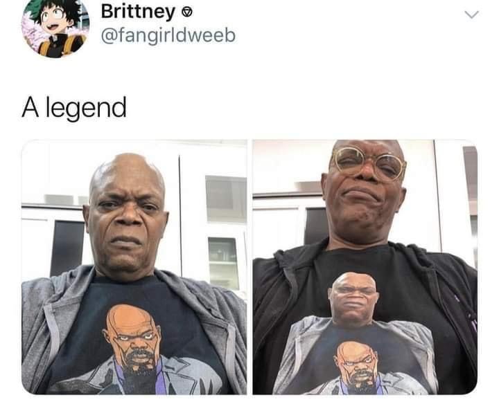 Two side-by-side photos of Samuel L. Jackson wearing a t-shirt with a graphic of himself as the character Nick Fury. In the…