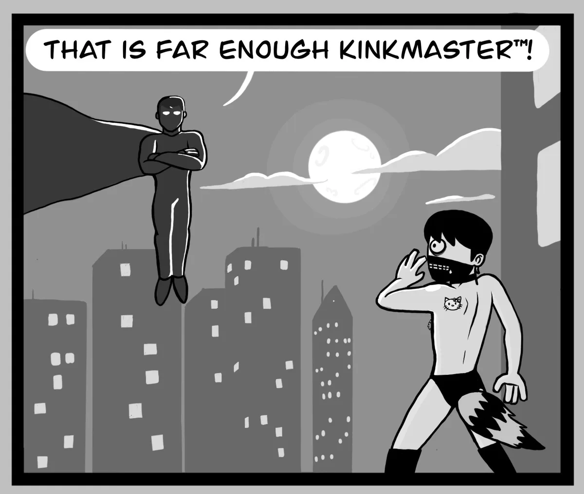 A black-and-white comic panel shows a superhero with a cape floating above a cityscape, arms crossed, facing a smaller…