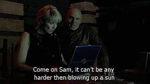 A three-panel meme from the TV show 'Stargate Universe' showing a woman with short blonde hair reacting to a man's comment…