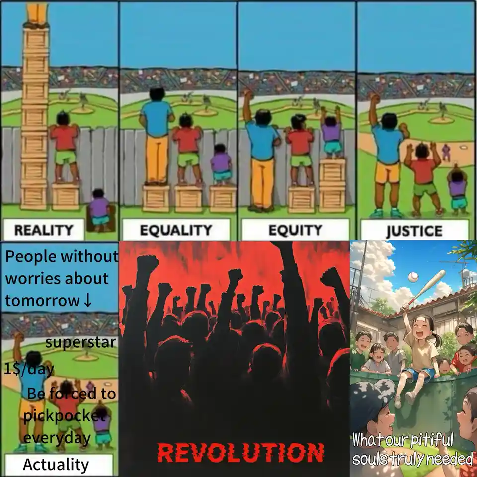 A four-panel comic strip shows children watching a baseball game, starting with one on a tall stack of boxes (Reality), then…
