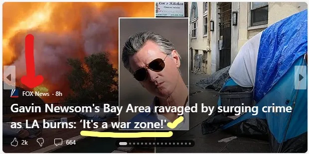 A screenshot of a social media post shows a news headline about crime in the Bay Area and fires in LA. A red arrow points to…