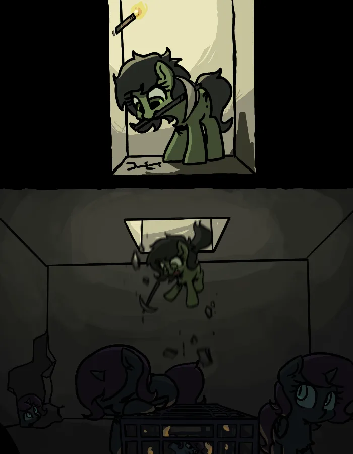 A green-skinned pony with dark hair and a determined expression peers through a doorway holding a lit torch. Below, the same…