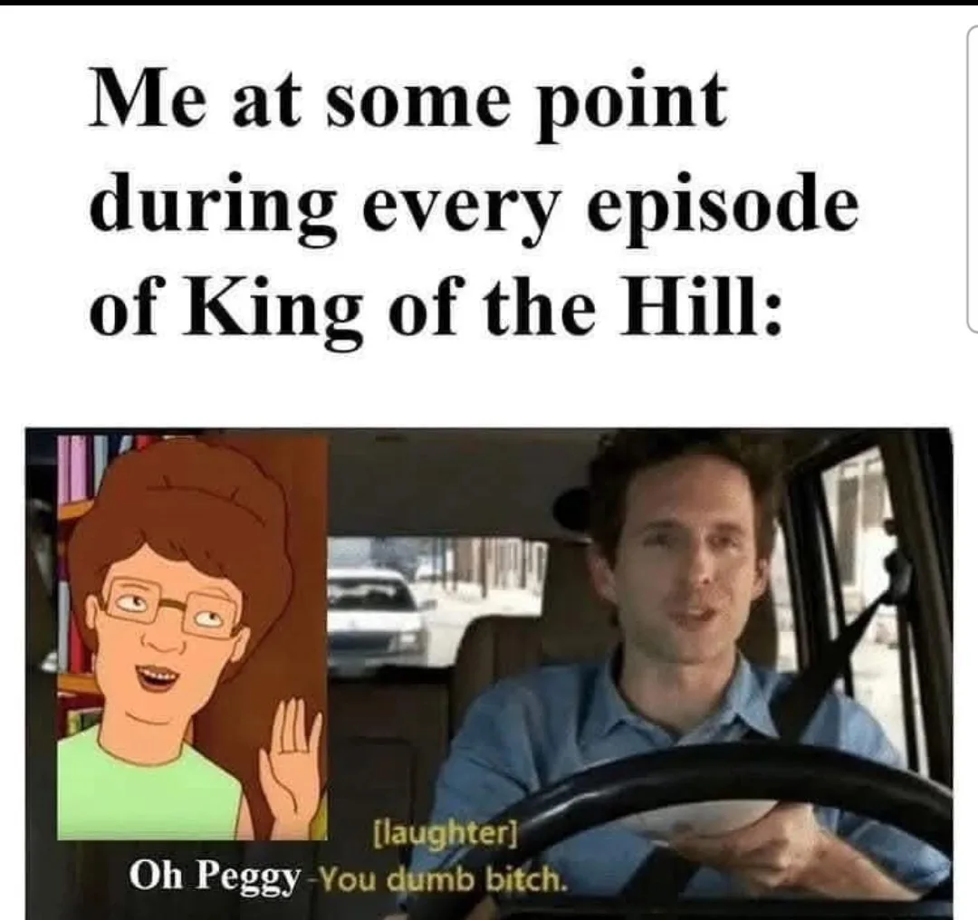 The image shows a split screen: on the left, a cartoon woman with glasses and brown hair waving, labeled 'Oh Peggy'; on the…