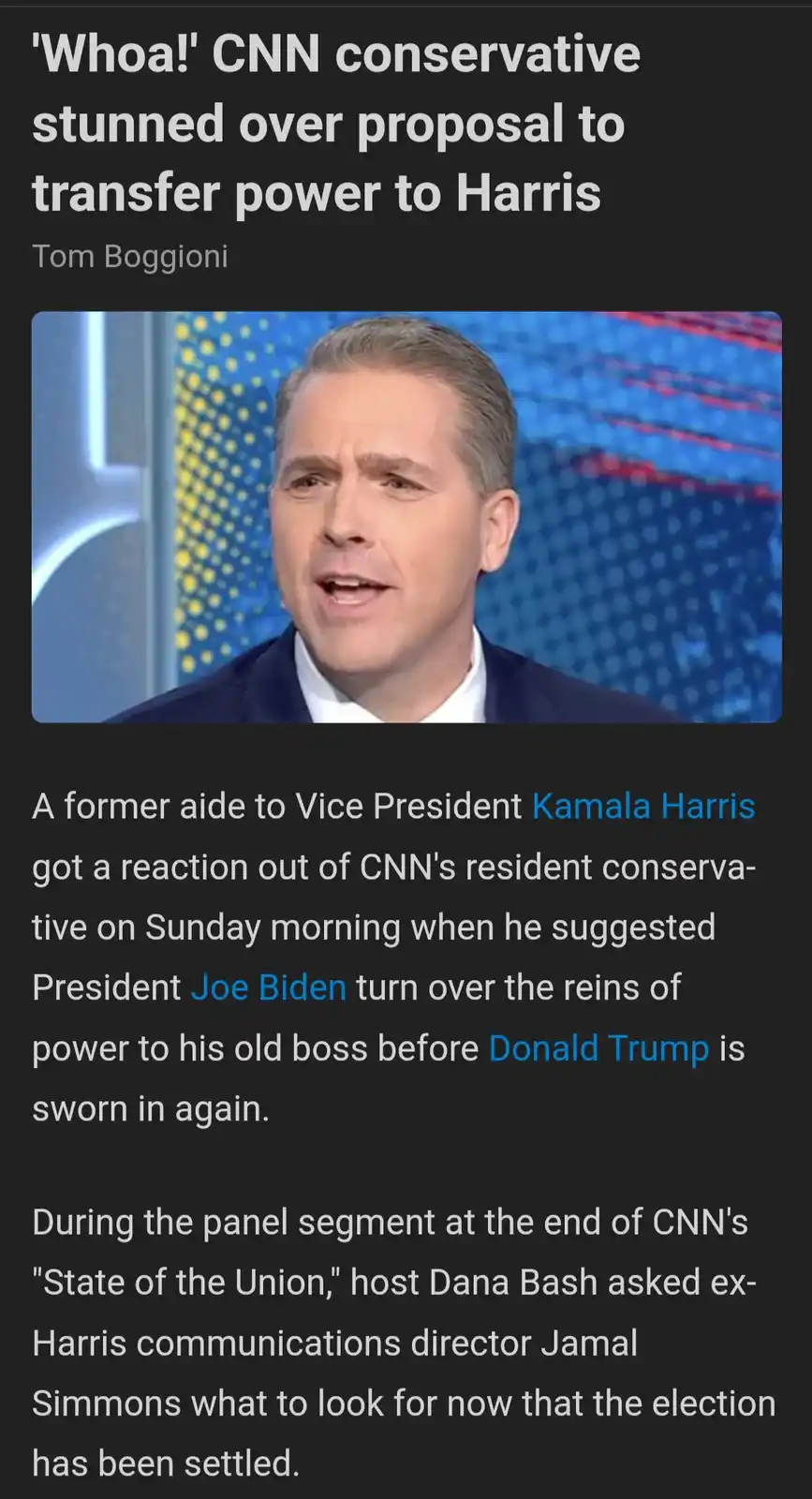 A screenshot of a CNN news article featuring a photo of a man in a suit looking surprised. The headline reads 'Whoa! CNN…