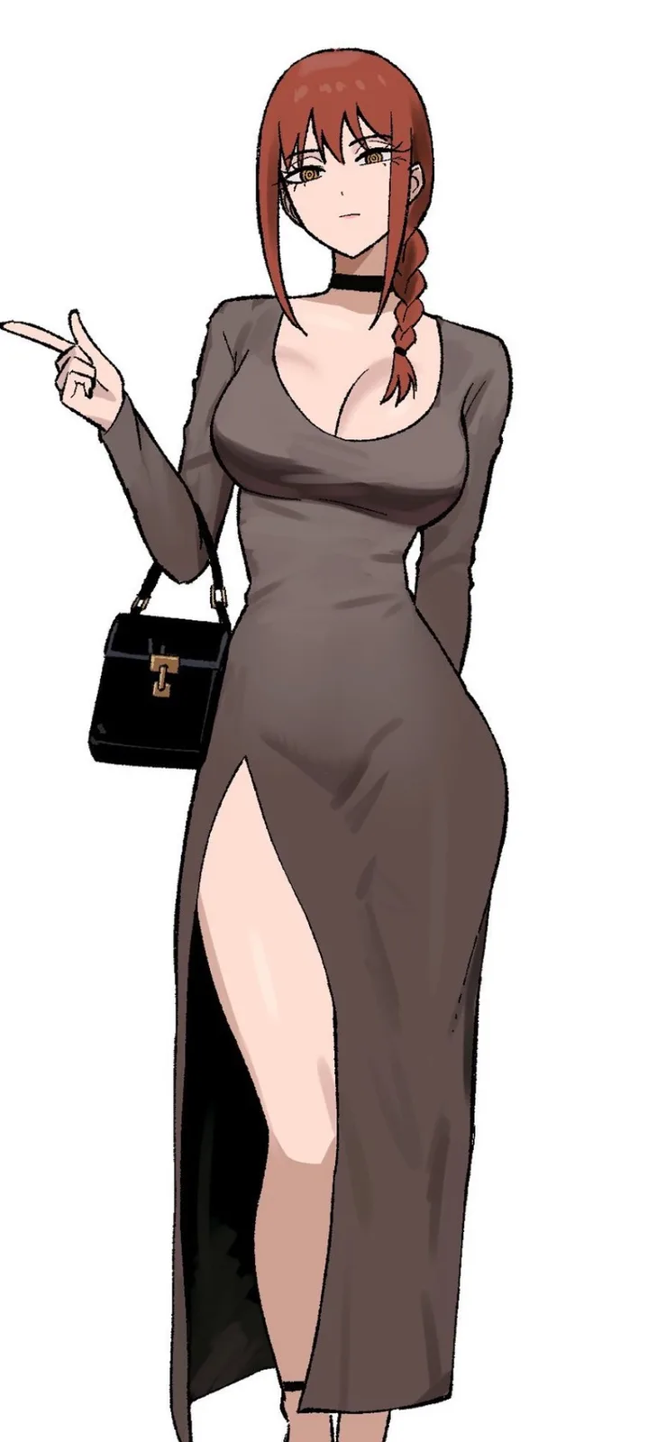 An anime-style illustration of a woman with red hair in a braid, wearing a form-fitting brown dress with a high slit and a…