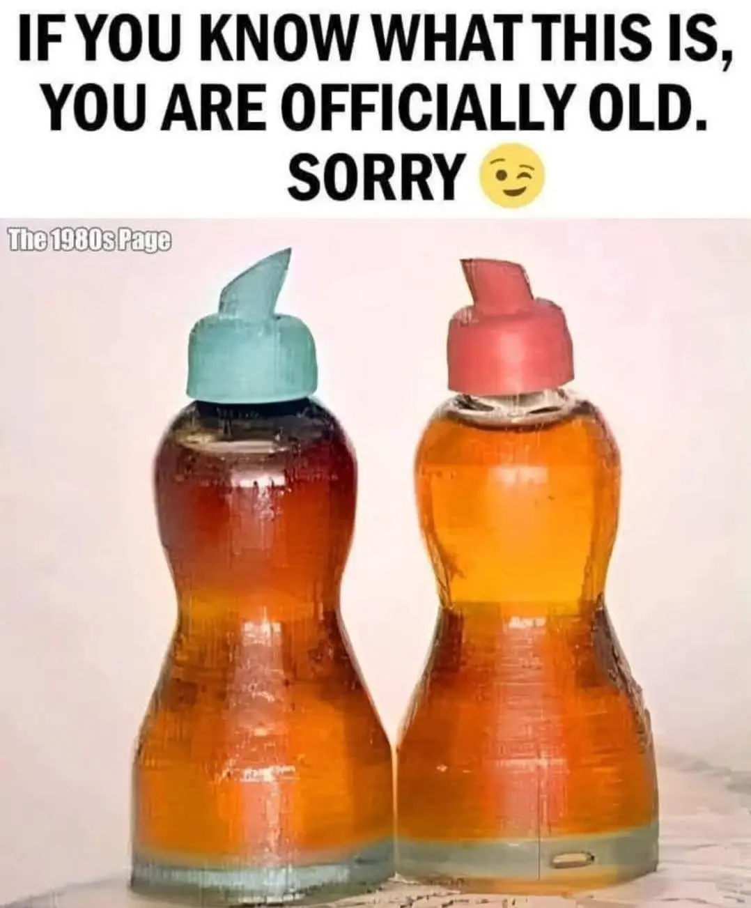 Two vintage-style glass bottles with distinctive hourglass shapes and colored caps—one teal, one red—contain amber liquid…
