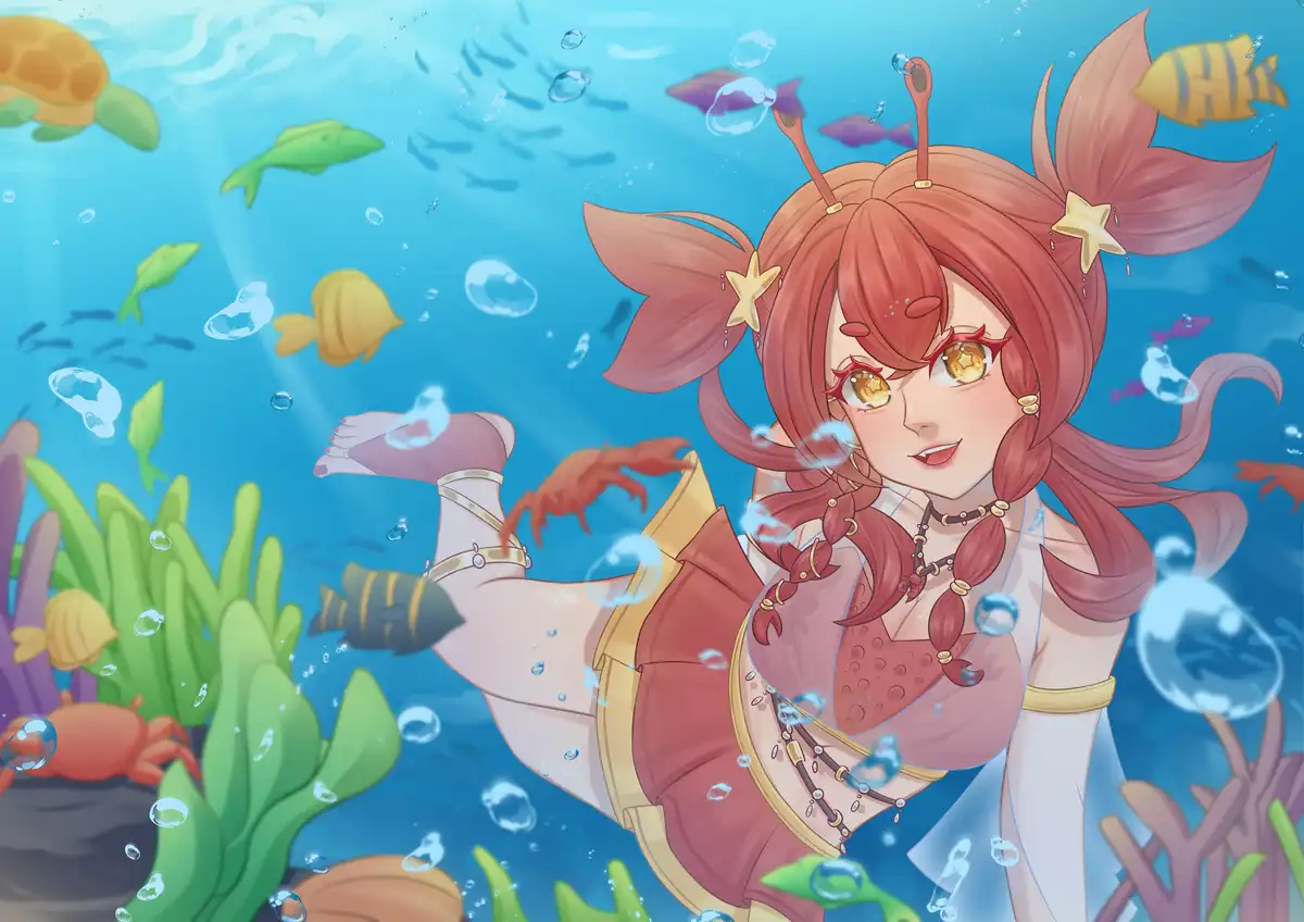 An anime-style girl with red hair and starfish accessories is underwater, surrounded by fish, bubbles, and coral. She has a…