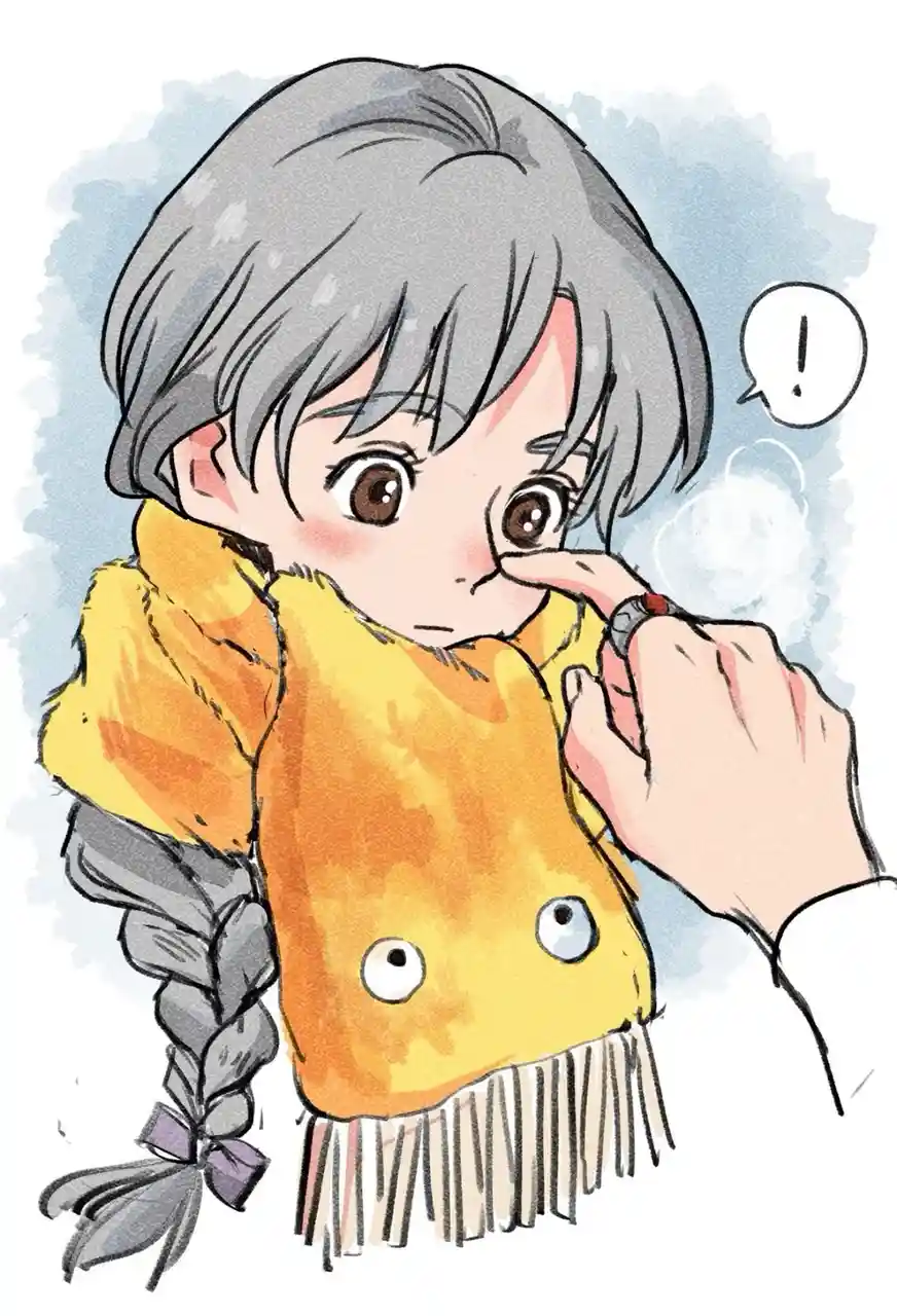 An anime-style illustration shows a young girl with gray hair and a yellow, eye-decorated scarf looking surprised as a hand…