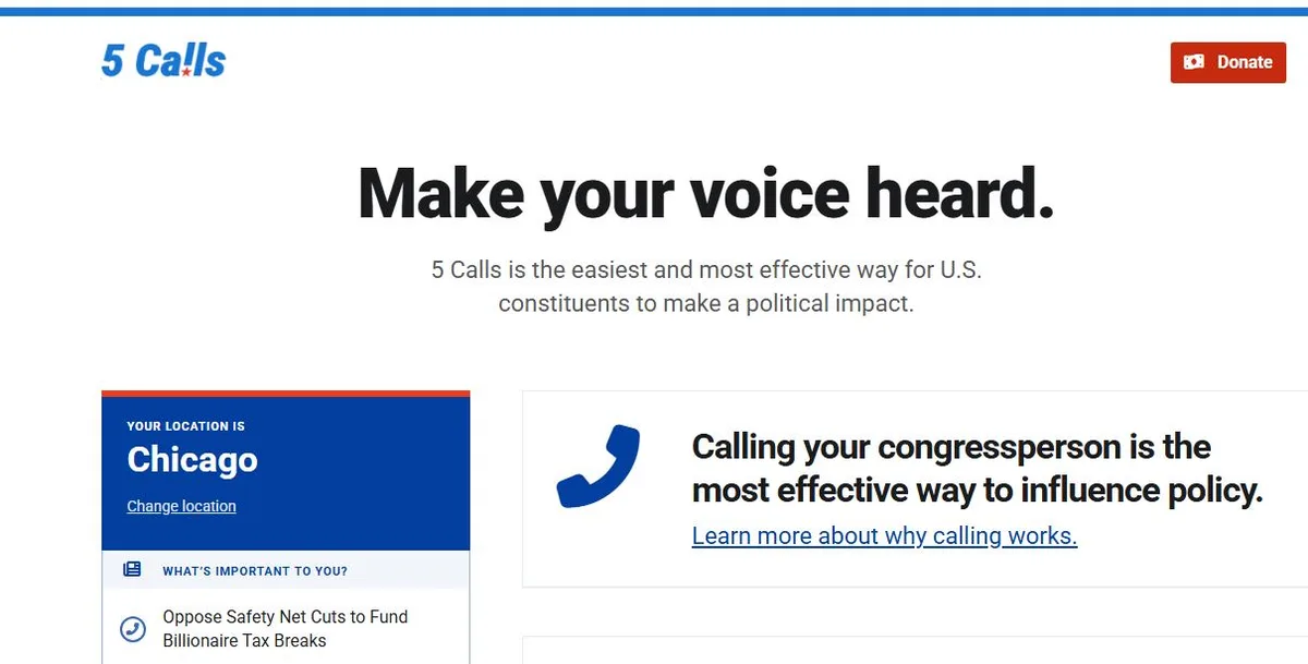 A screenshot of the 5 Calls website, which encourages users to call their congressperson to influence policy. The page shows…